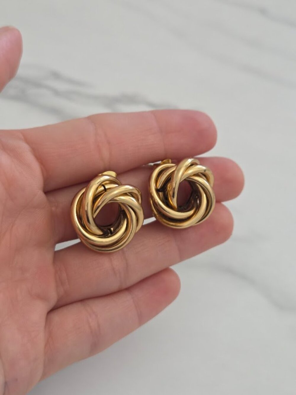 Gold Stainless Steel Woven Love Knot Stud Earrings Chunky Textured Swirl Hoop - Picture 9 of 11